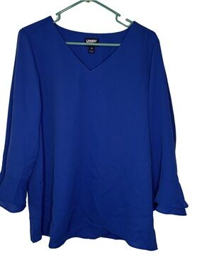 3/$20 Lands' End Women's V-Neck Ruffle Sleeve Blouse - Royal Blue